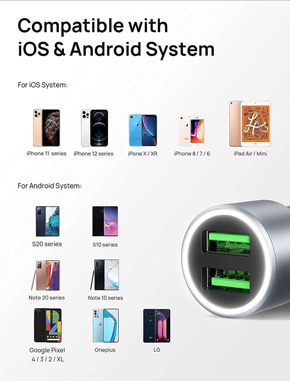 Car Charger, Car USB Charger 36W Fast Charging,  Metal Dual QC 3.0 Car Adapter with USB-C Cable[3.3Ft] Compatible with Samsung Galaxy S10/S9/S8 Plus, Note 9/8, Iphone 7/8/X/Xr-Grey