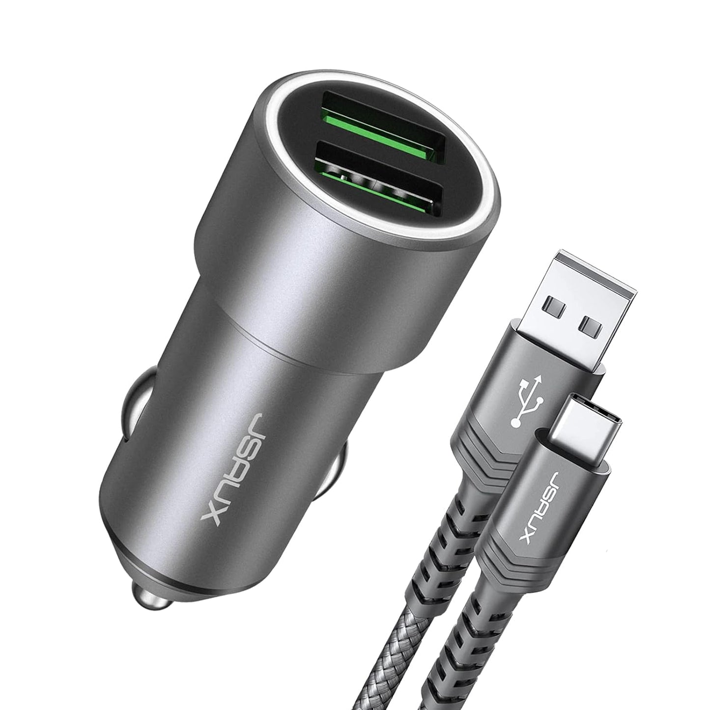 Car Charger, Car USB Charger 36W Fast Charging,  Metal Dual QC 3.0 Car Adapter with USB-C Cable[3.3Ft] Compatible with Samsung Galaxy S10/S9/S8 Plus, Note 9/8, Iphone 7/8/X/Xr-Grey