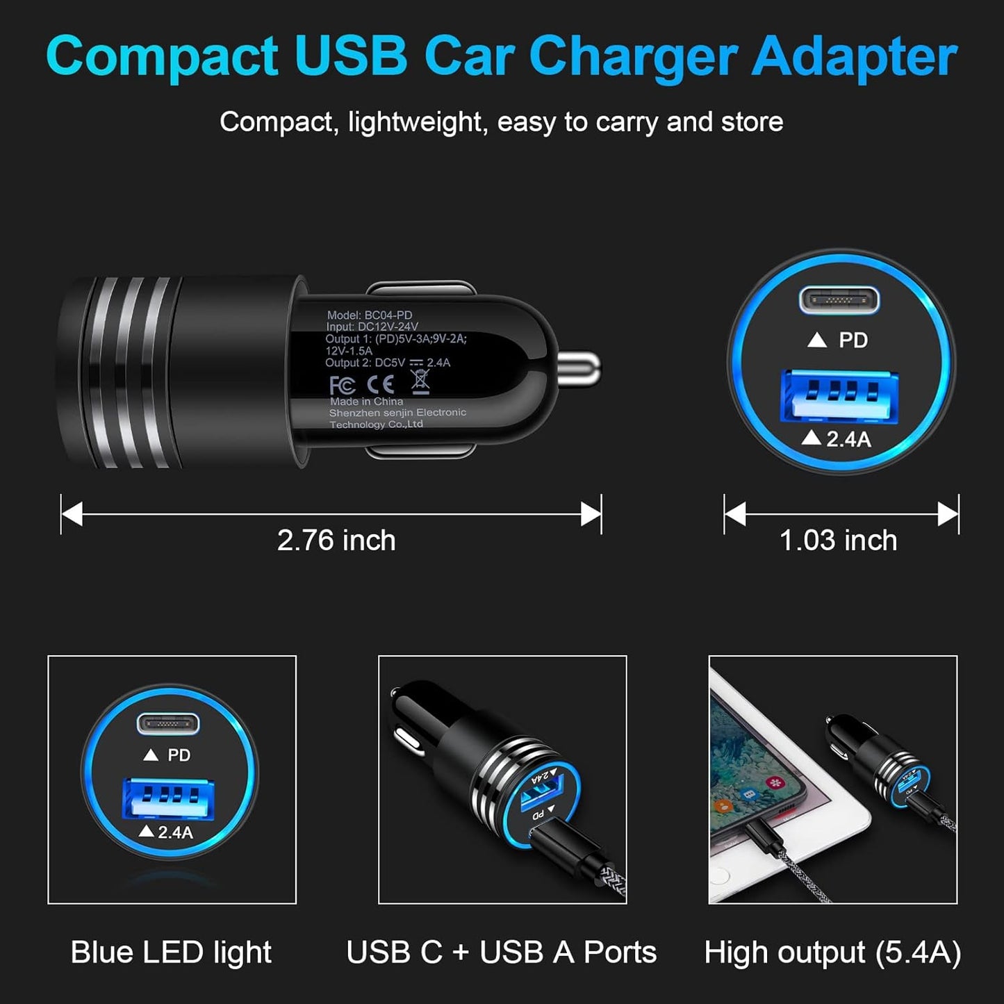 Fast Charging USB C Car Charger for Iphone 16E 16 15 14 13 12 Pro Max SE XR XS X Samsung Galaxy S25 S24 S23 S22 S21 Google Pixel 9/8A/8 Pro/7A/7 Pro/6A/6/5/4A/4/3,2Pack 30W PD+2.4A Type C Car Adapter