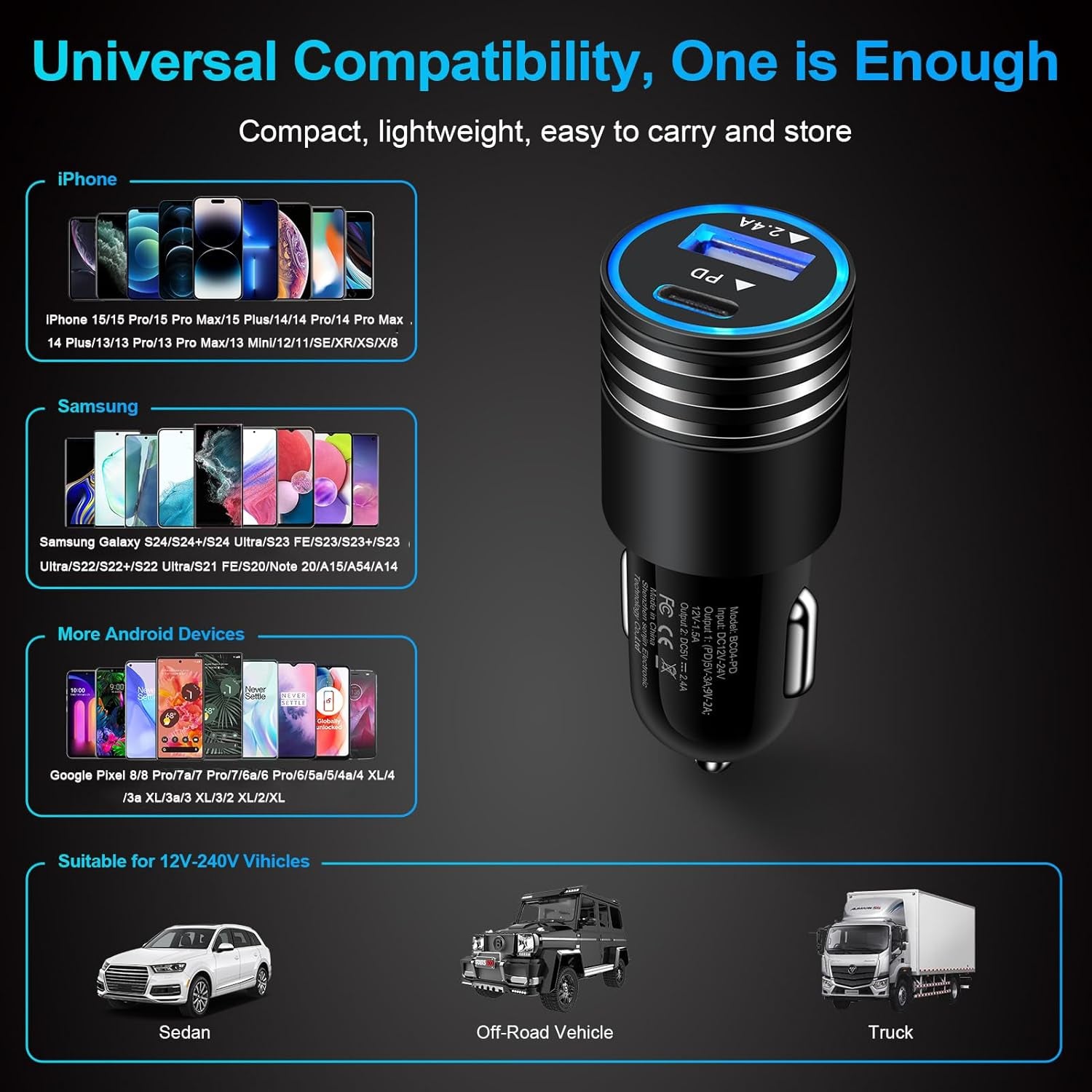 Fast Charging USB C Car Charger for Iphone 16E 16 15 14 13 12 Pro Max SE XR XS X Samsung Galaxy S25 S24 S23 S22 S21 Google Pixel 9/8A/8 Pro/7A/7 Pro/6A/6/5/4A/4/3,2Pack 30W PD+2.4A Type C Car Adapter