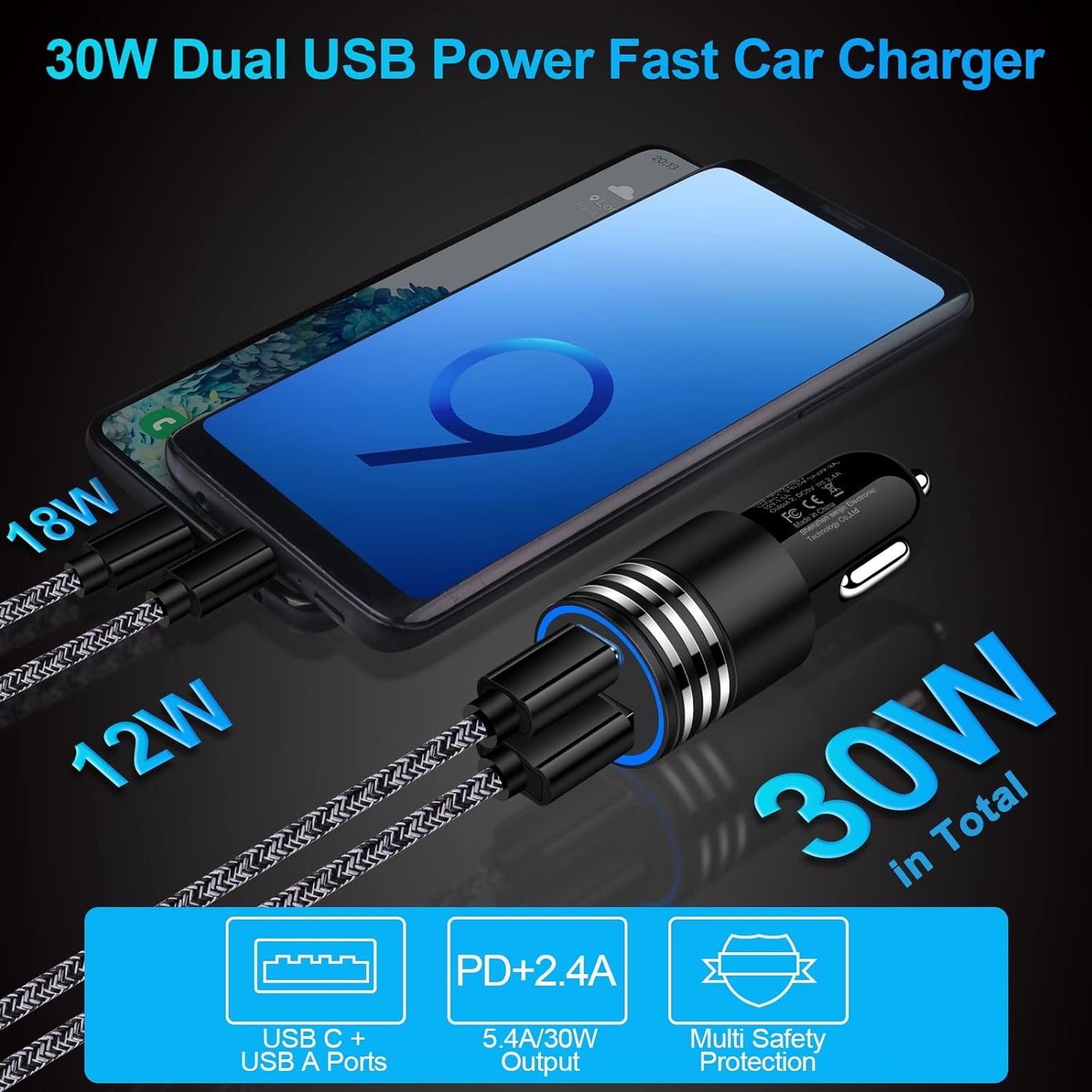 Fast Charging USB C Car Charger for Iphone 16E 16 15 14 13 12 Pro Max SE XR XS X Samsung Galaxy S25 S24 S23 S22 S21 Google Pixel 9/8A/8 Pro/7A/7 Pro/6A/6/5/4A/4/3,2Pack 30W PD+2.4A Type C Car Adapter