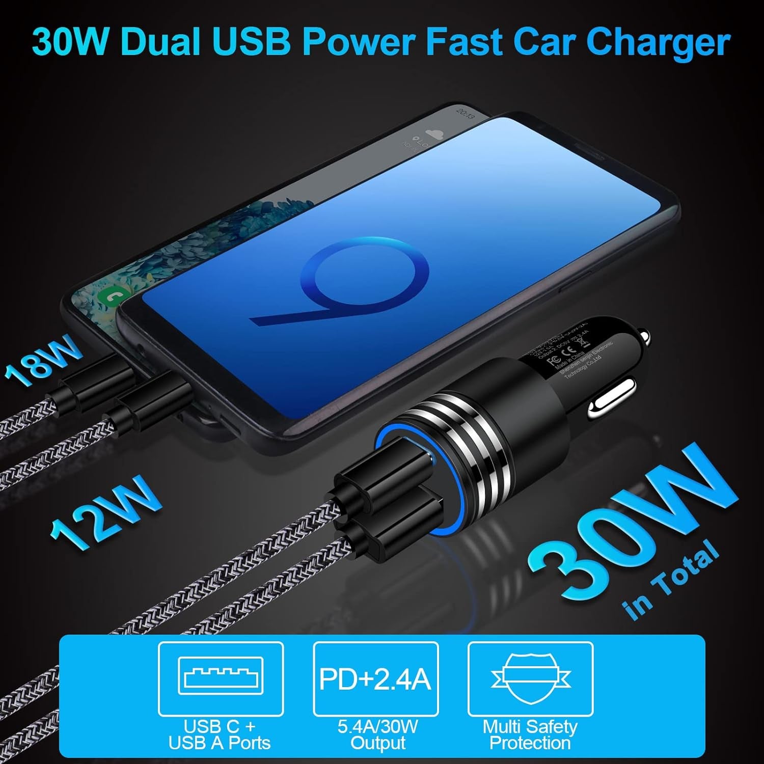 Fast Charging USB C Car Charger for Iphone 16E 16 15 14 13 12 Pro Max SE XR XS X Samsung Galaxy S25 S24 S23 S22 S21 Google Pixel 9/8A/8 Pro/7A/7 Pro/6A/6/5/4A/4/3,2Pack 30W PD+2.4A Type C Car Adapter